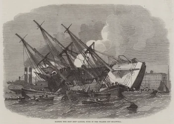 Het optillen van het ijzeren schip Ganges, gezonken in de Theems bij Shadwell